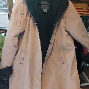 Tally Ho Women's Tan and Black Hooded Trench Coat.( Un Button. Lining )